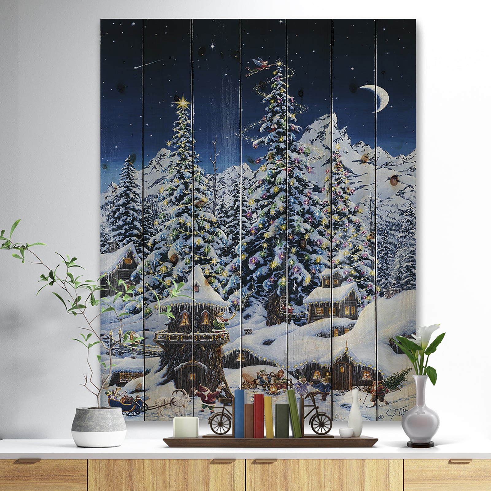 Elf houses under large lighted Christmas trees - Print on Natural Pine Wood