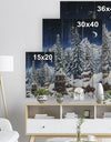 Elf houses under large lighted Christmas trees - Print on Natural Pine Wood