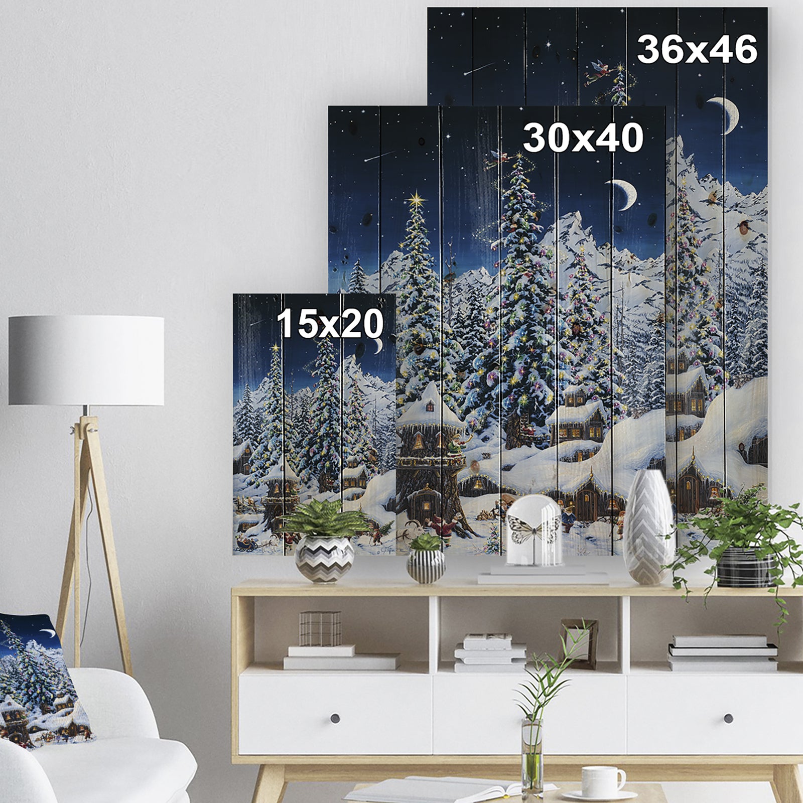 Elf houses under large lighted Christmas trees - Print on Natural Pine Wood