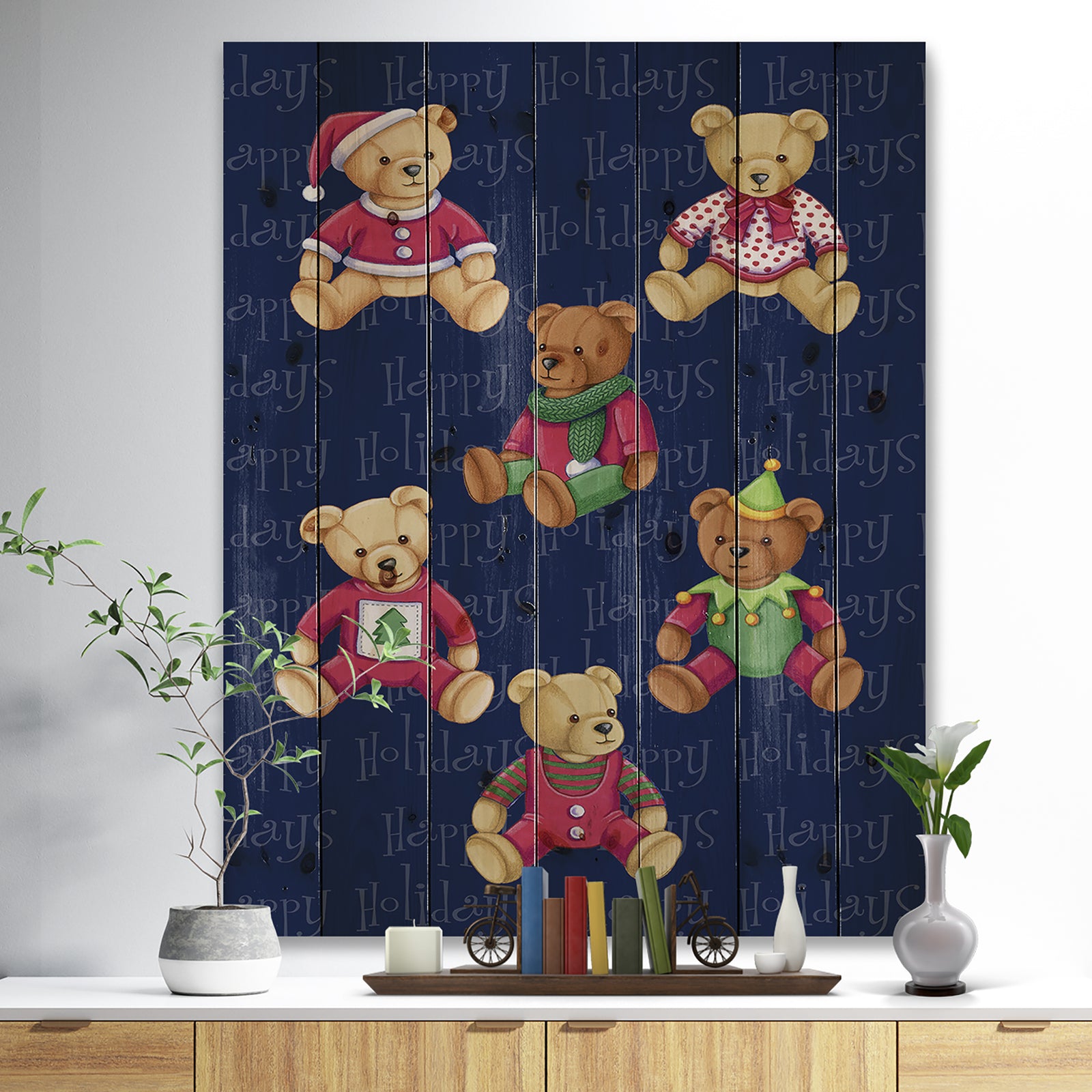 Happy Holidays Christmas Bears - Print on Natural Pine Wood