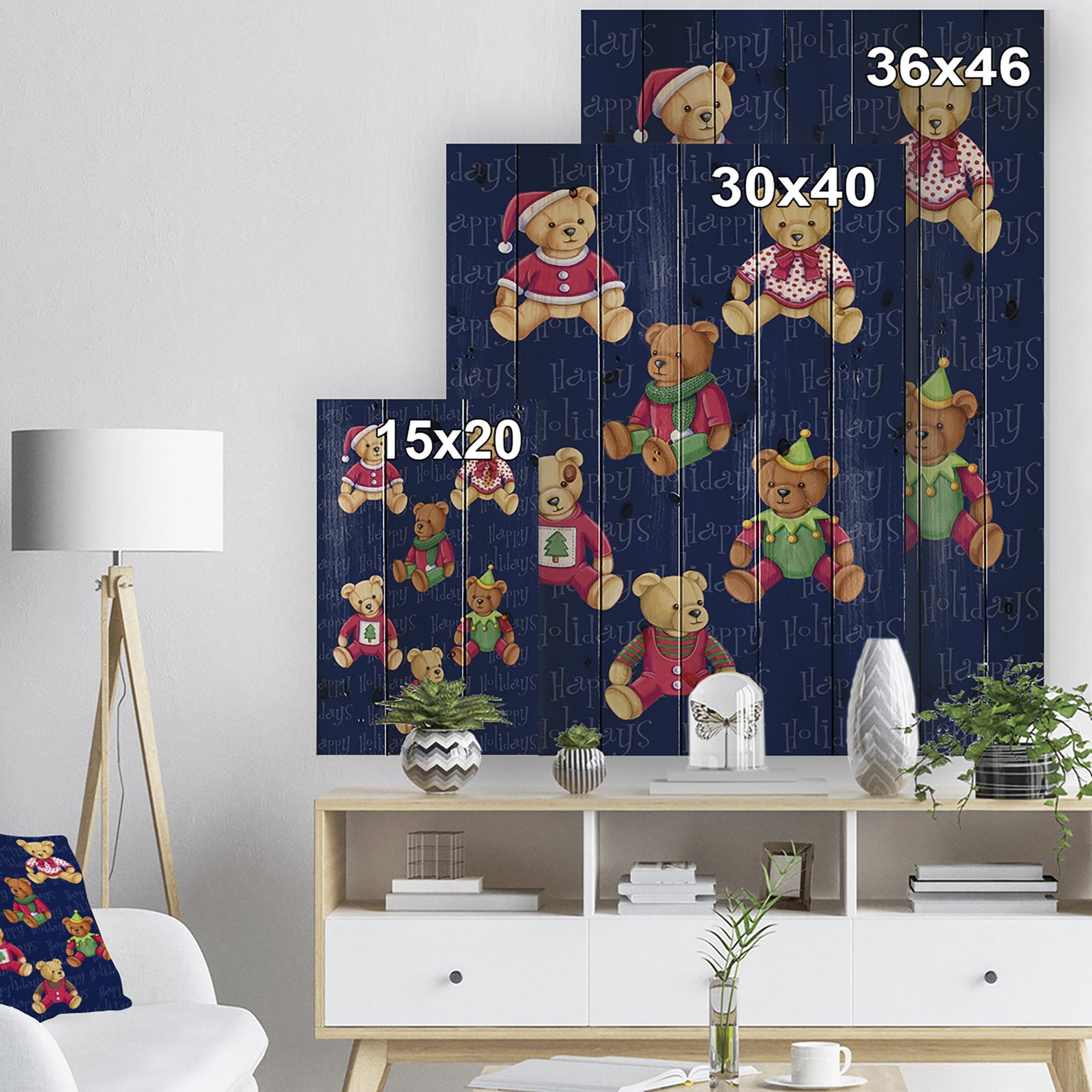 Happy Holidays Christmas Bears - Print on Natural Pine Wood