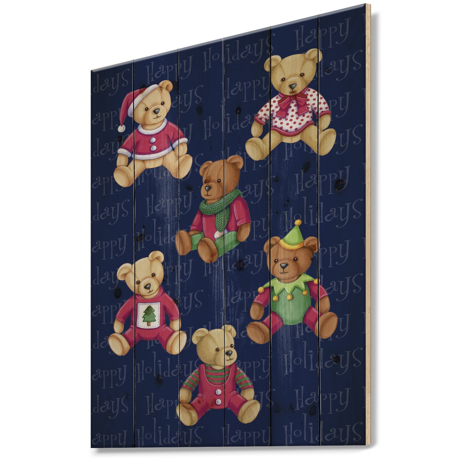 Happy Holidays Christmas Bears - Print on Natural Pine Wood