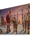 Stanta Claus with Elves on North Pole - Print on Natural Pine Wood