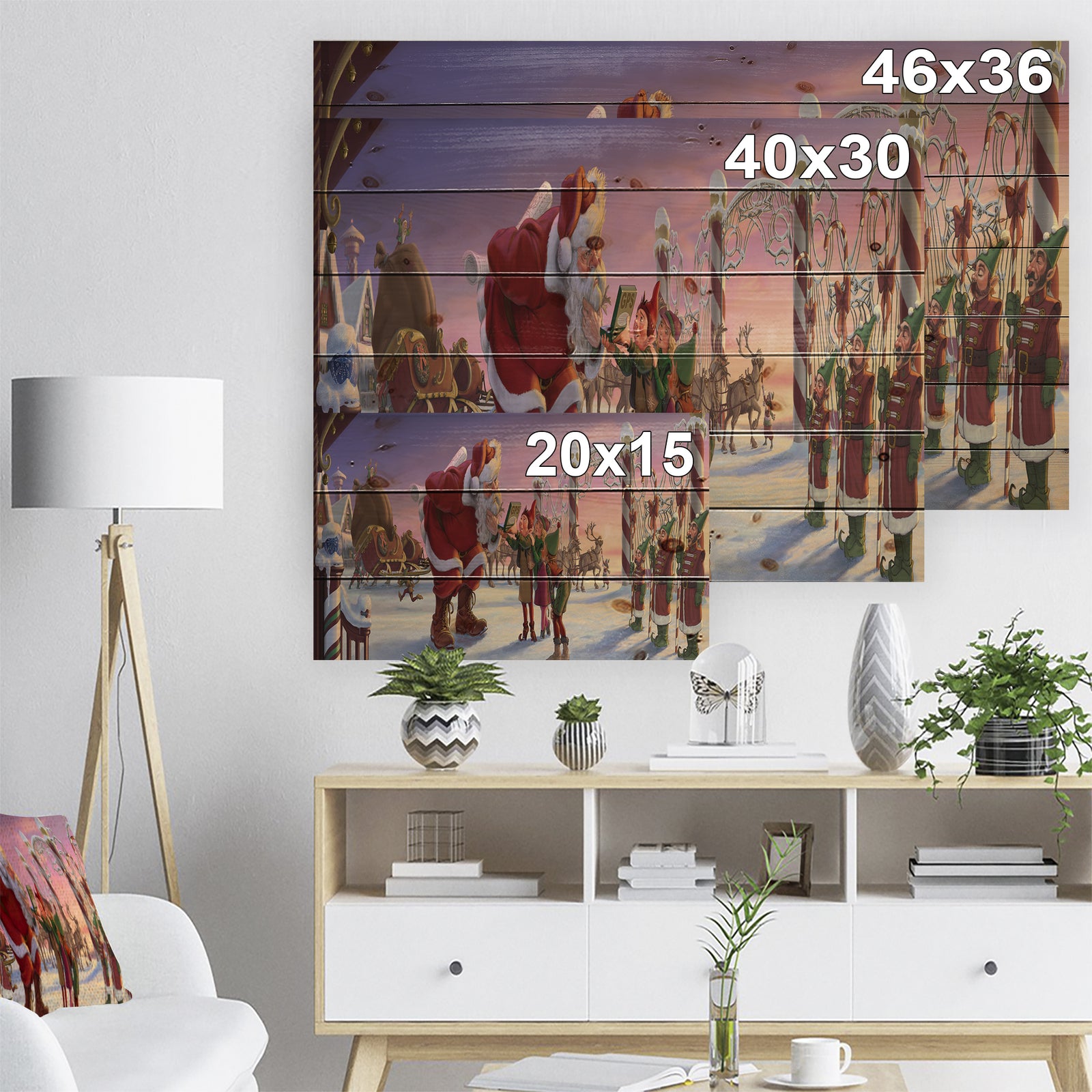 Stanta Claus with Elves on North Pole - Print on Natural Pine Wood