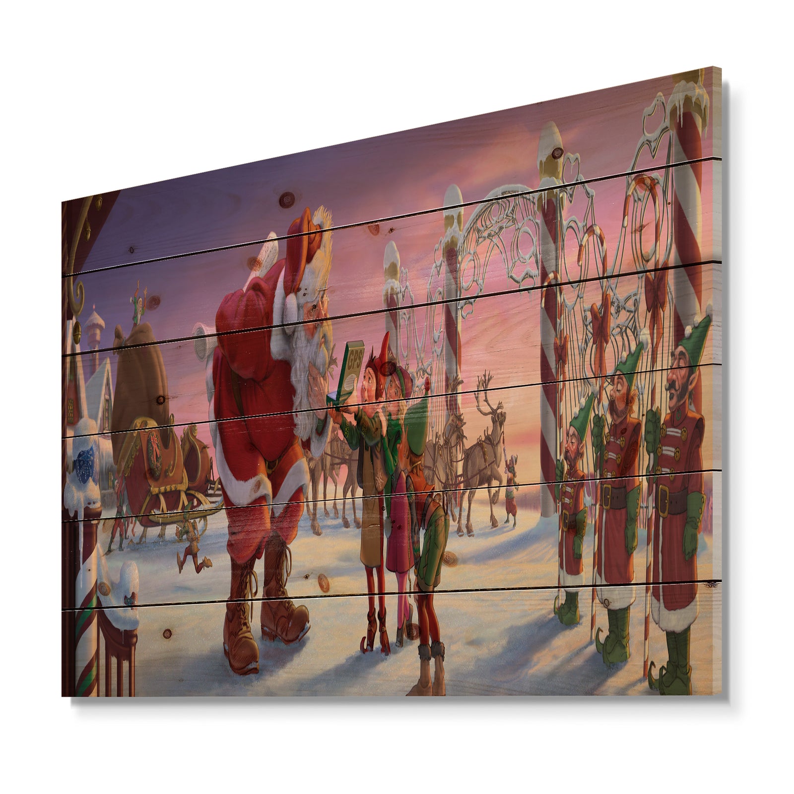 Stanta Claus with Elves on North Pole - Print on Natural Pine Wood