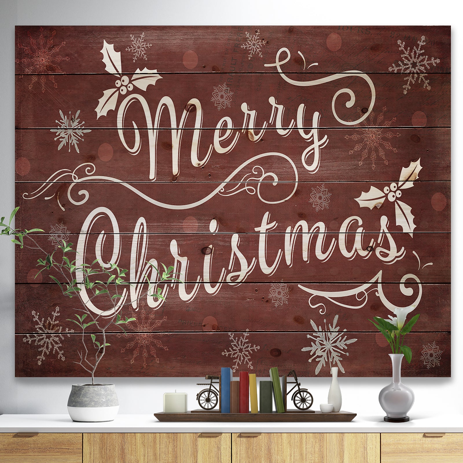 Merry Christmas Season Greetings on Red - Print on Natural Pine Wood
