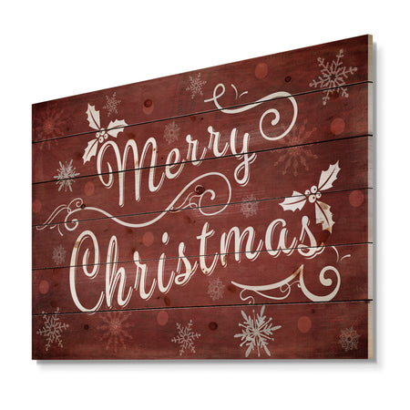 Merry Christmas Season Greetings on Red - Print on Natural Pine Wood