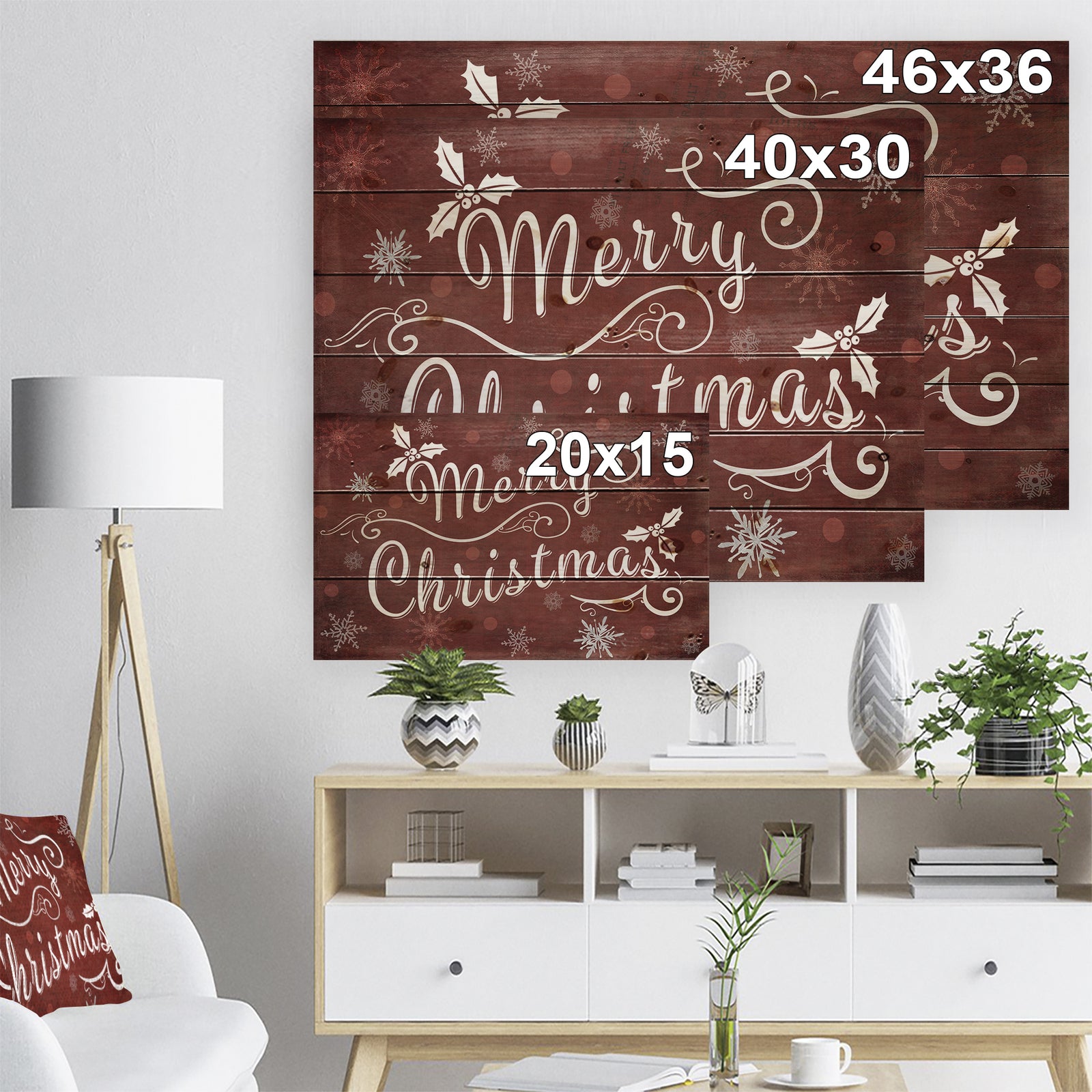 Merry Christmas Season Greetings on Red - Print on Natural Pine Wood