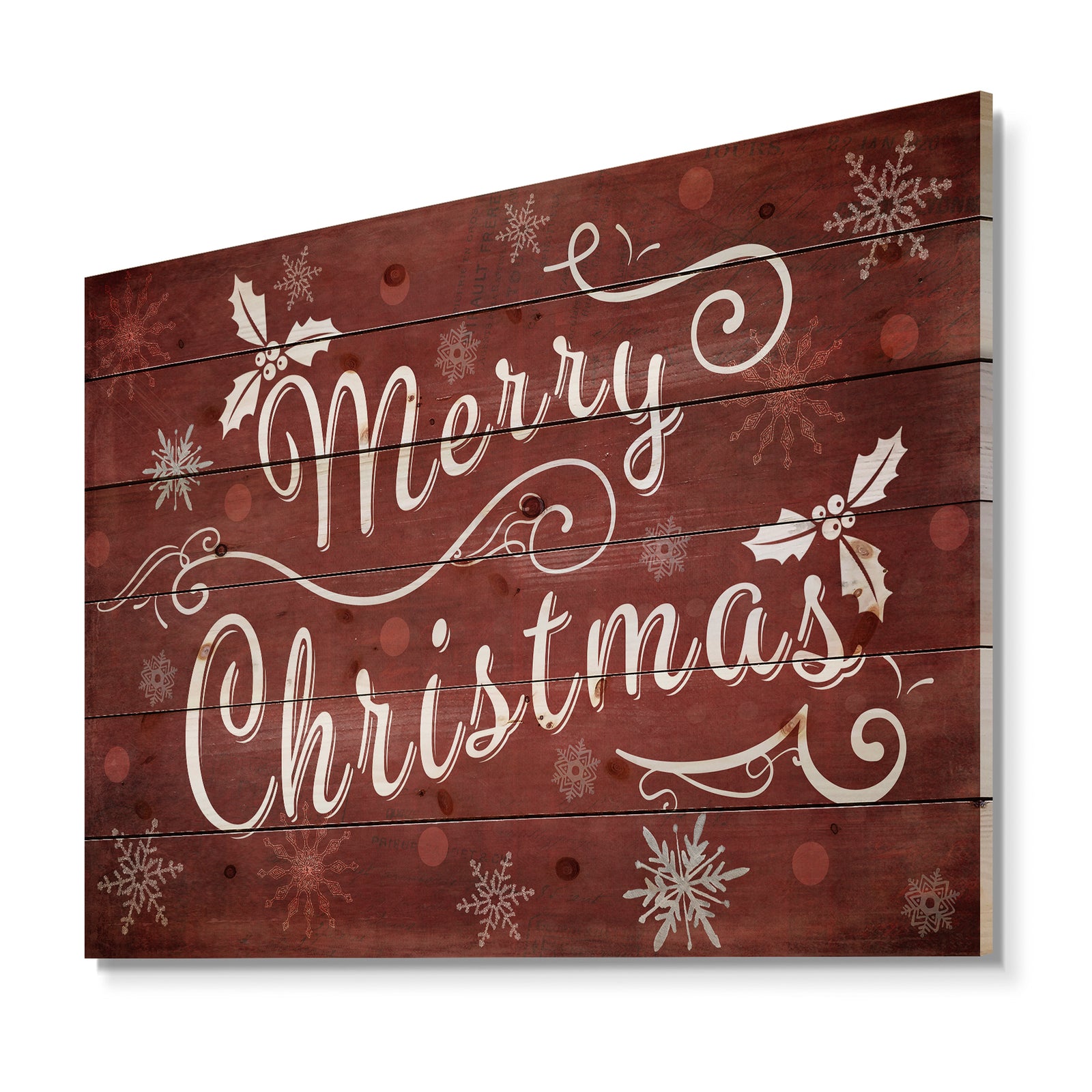 Merry Christmas Season Greetings on Red - Print on Natural Pine Wood
