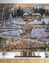 Winter Christmas Scene with Buck drinking from Golden River - Print on Natural Pine Wood