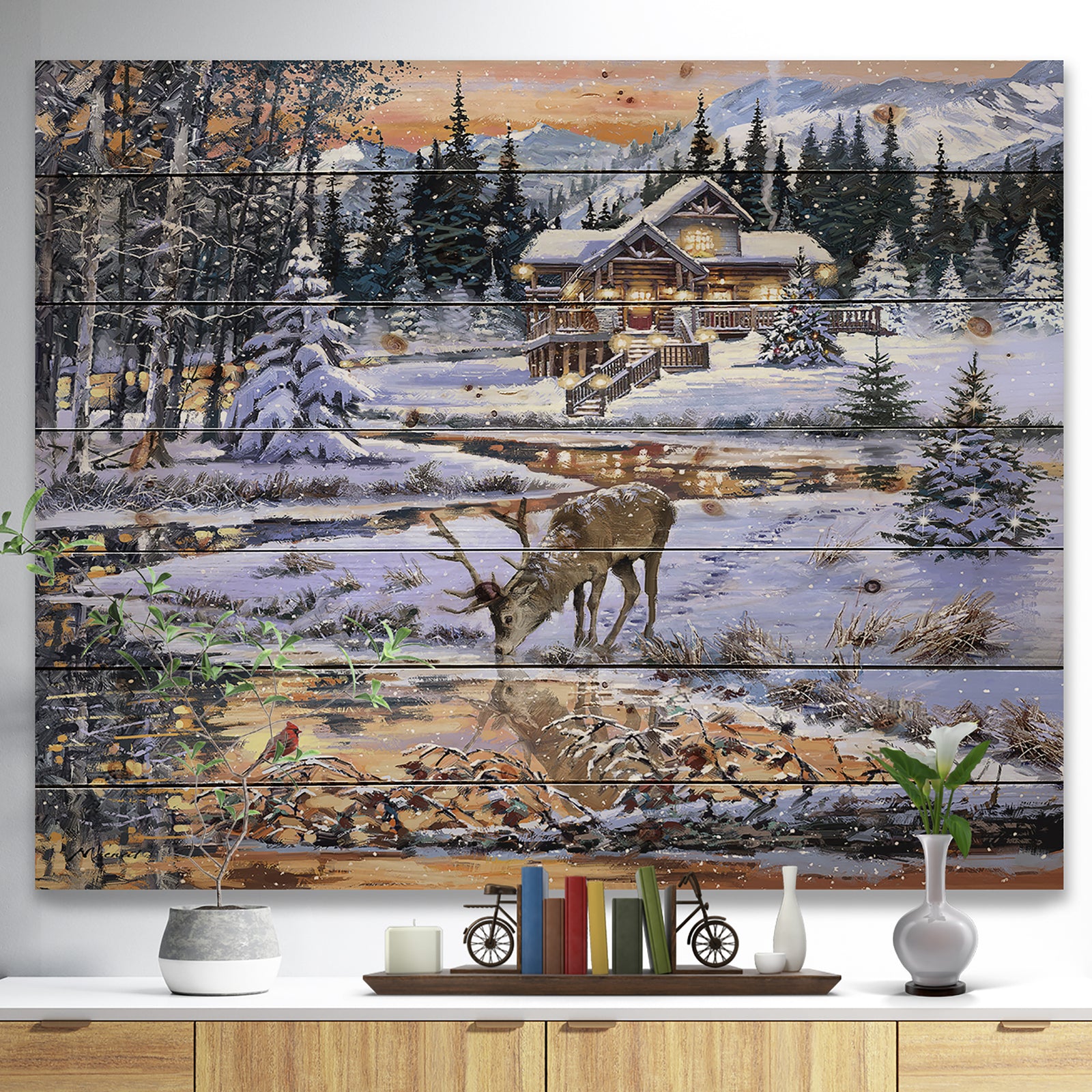 Winter Christmas Scene with Buck drinking from Golden River - Print on Natural Pine Wood