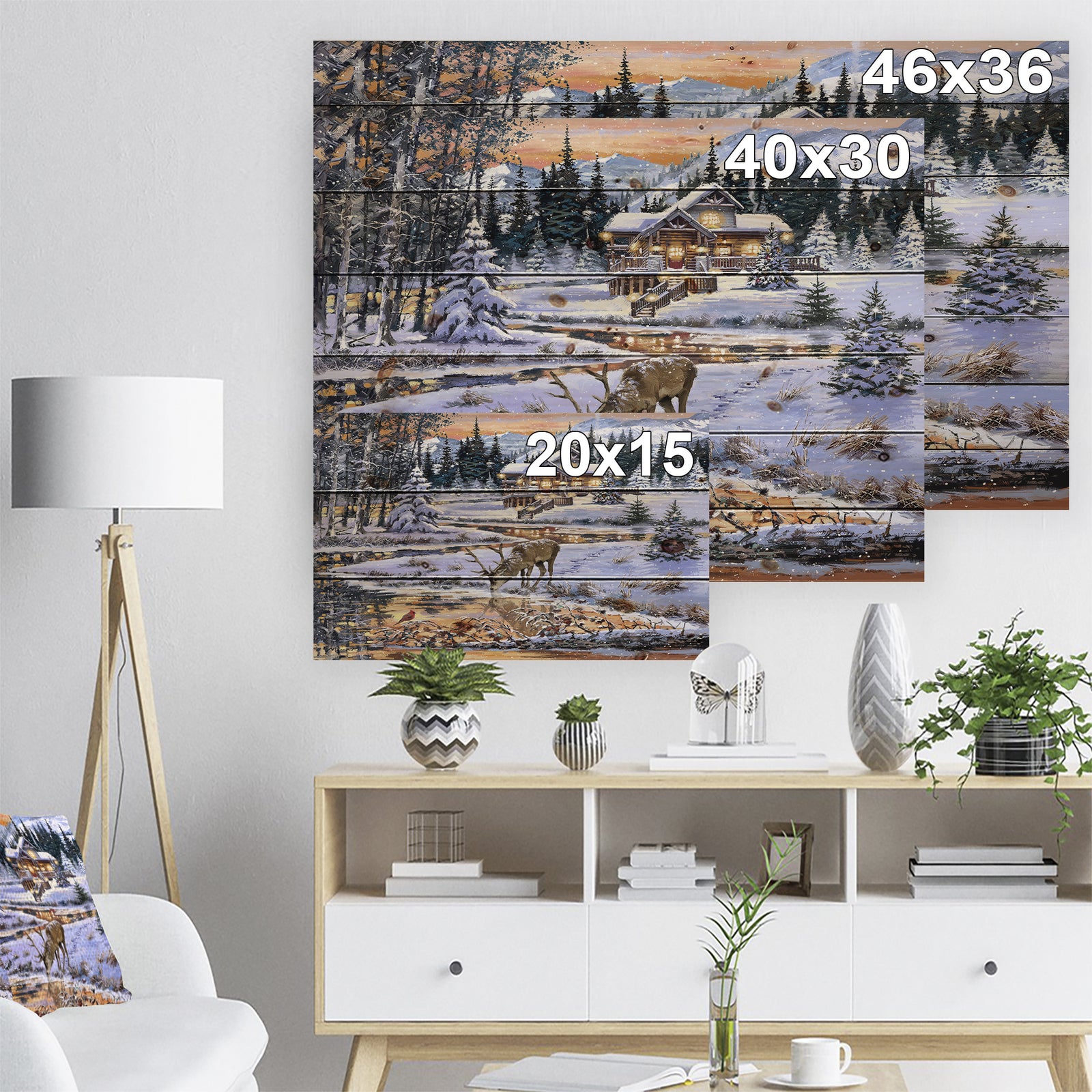 Winter Christmas Scene with Buck drinking from Golden River - Print on Natural Pine Wood