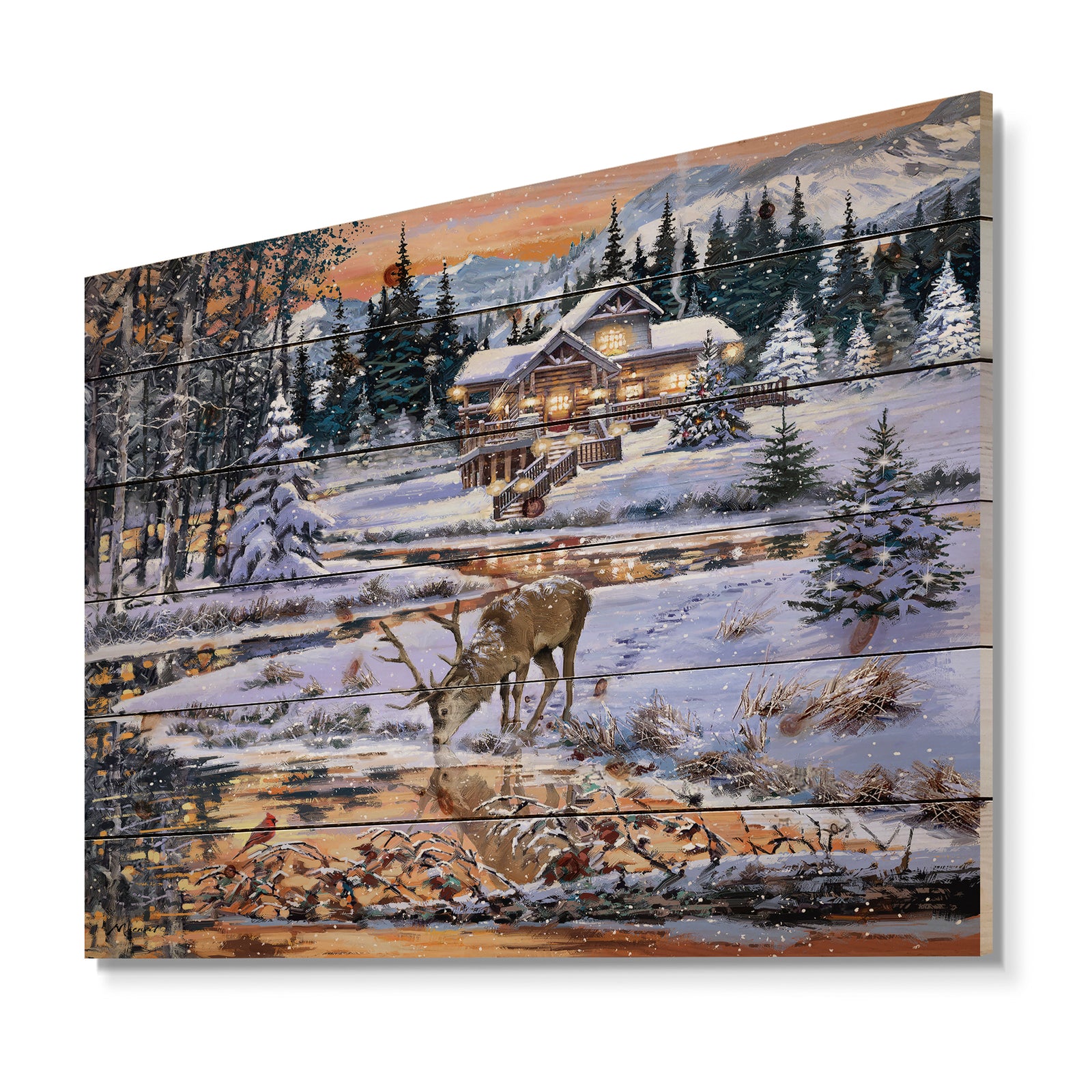 Winter Christmas Scene with Buck drinking from Golden River - Print on Natural Pine Wood