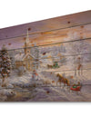 Holiday Worship winter scene with sleigh and church - Print on Natural Pine Wood