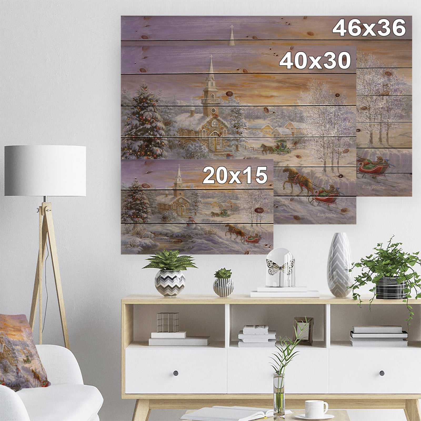 Holiday Worship winter scene with sleigh and church - Print on Natural Pine Wood