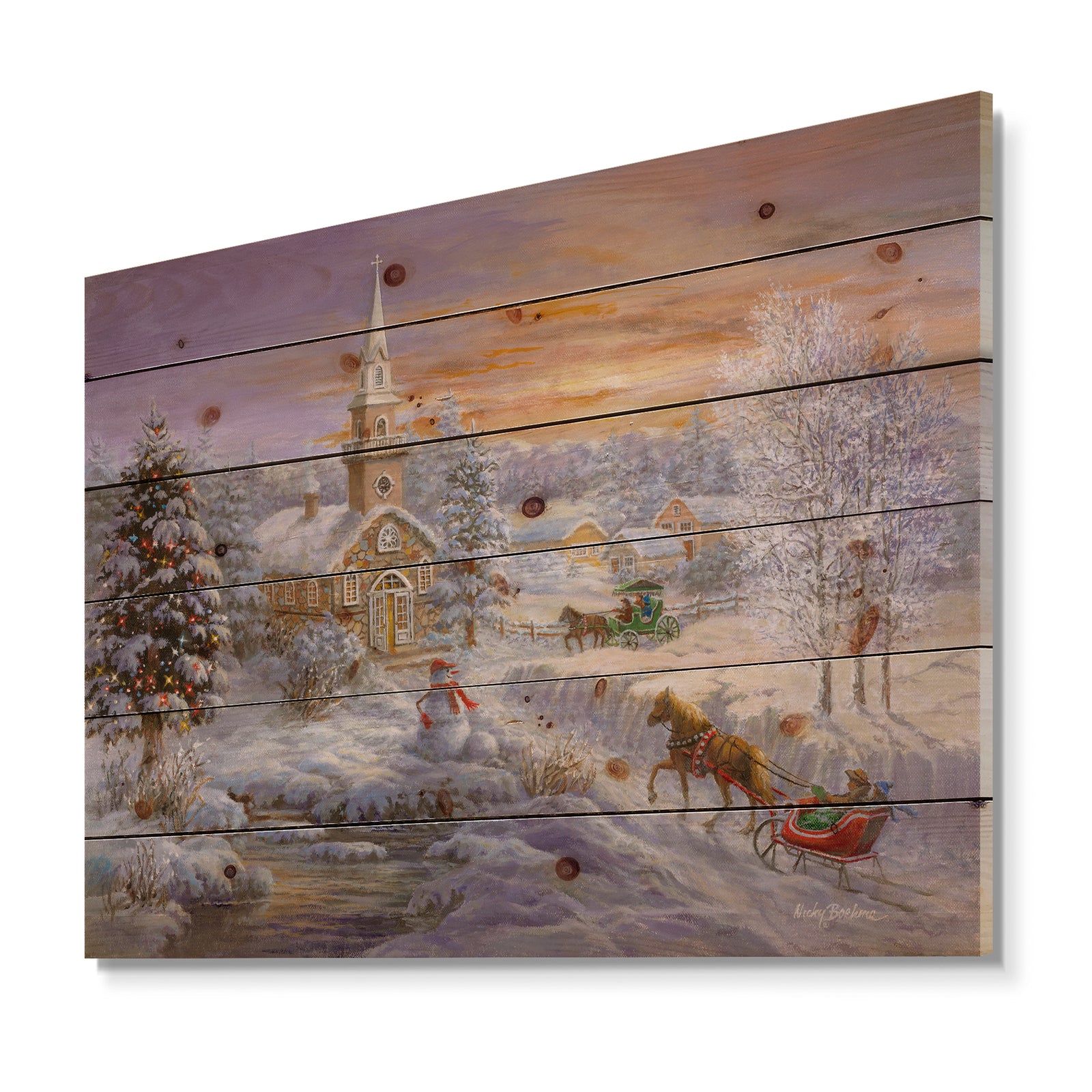 Holiday Worship winter scene with sleigh and church - Print on Natural Pine Wood