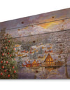 Christmas Winter Mountain Town With Christmas Tree - Print on Natural Pine Wood