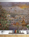 Christmas Winter Mountain Town With Christmas Tree - Print on Natural Pine Wood