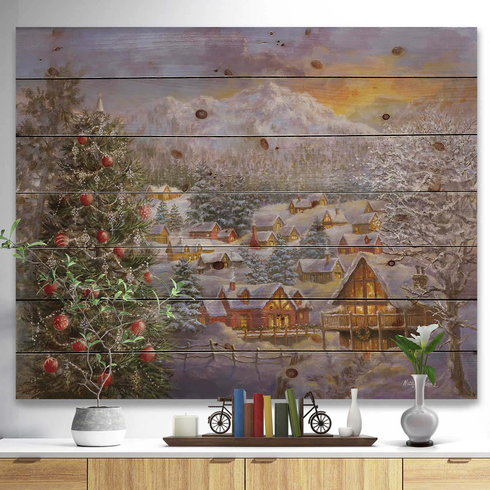 Christmas Winter Mountain Town With Christmas Tree - Print on Natural Pine Wood