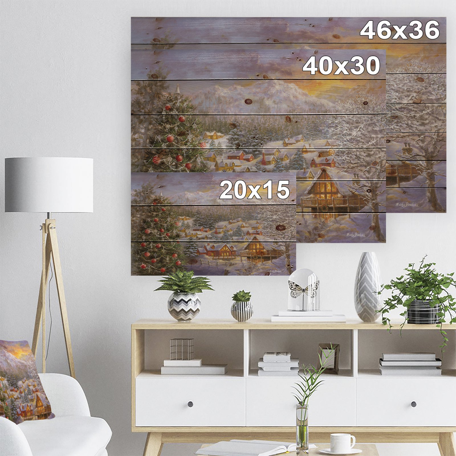 Christmas Winter Mountain Town With Christmas Tree - Print on Natural Pine Wood