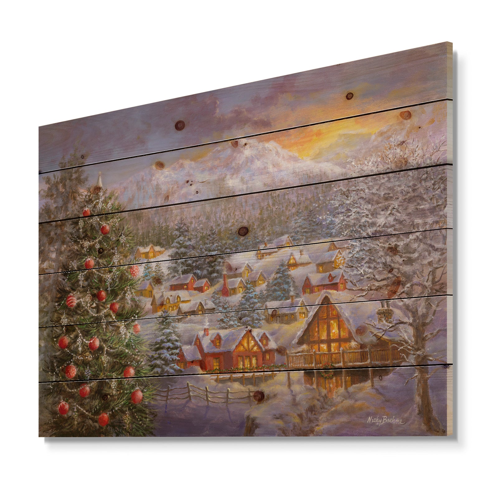 Christmas Winter Mountain Town With Christmas Tree - Print on Natural Pine Wood