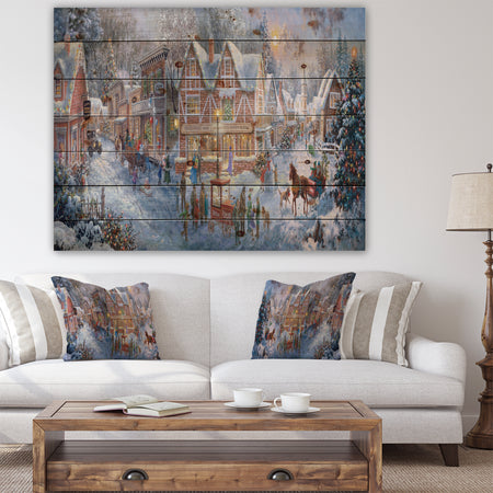 Winter Christmas Shopping in snowy cottage with sleigh - Print on Natural Pine Wood