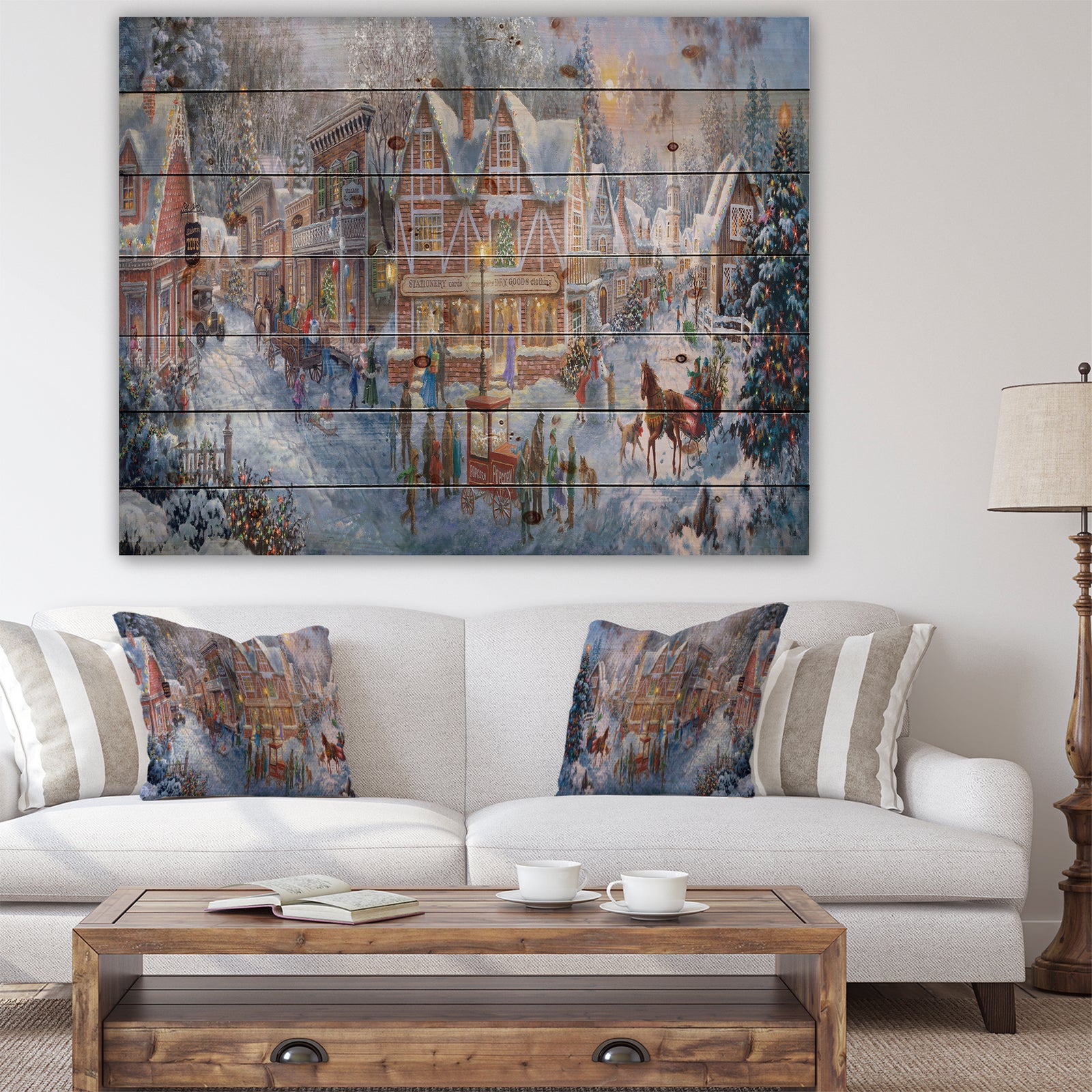 Winter Christmas Shopping in snowy cottage with sleigh - Print on Natural Pine Wood