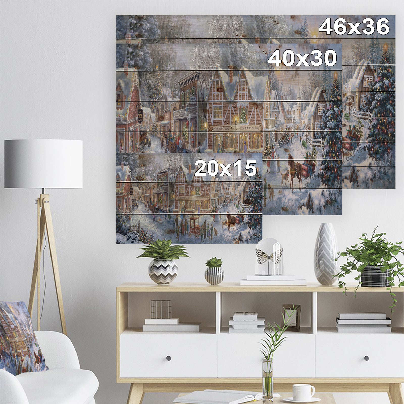 Winter Christmas Shopping in snowy cottage with sleigh - Print on Natural Pine Wood