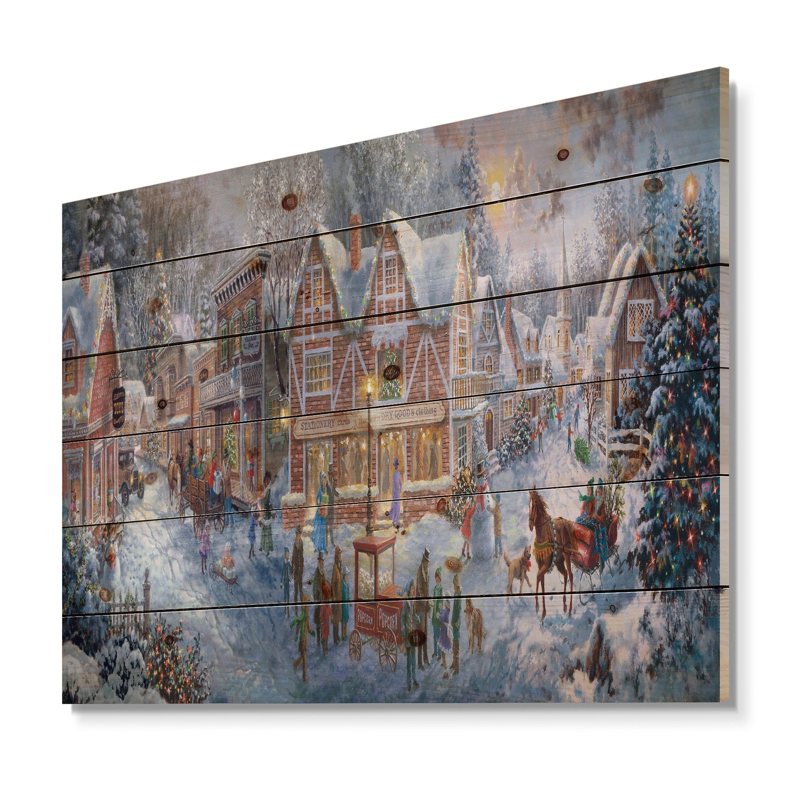 Winter Christmas Shopping in snowy cottage with sleigh - Print on Natural Pine Wood