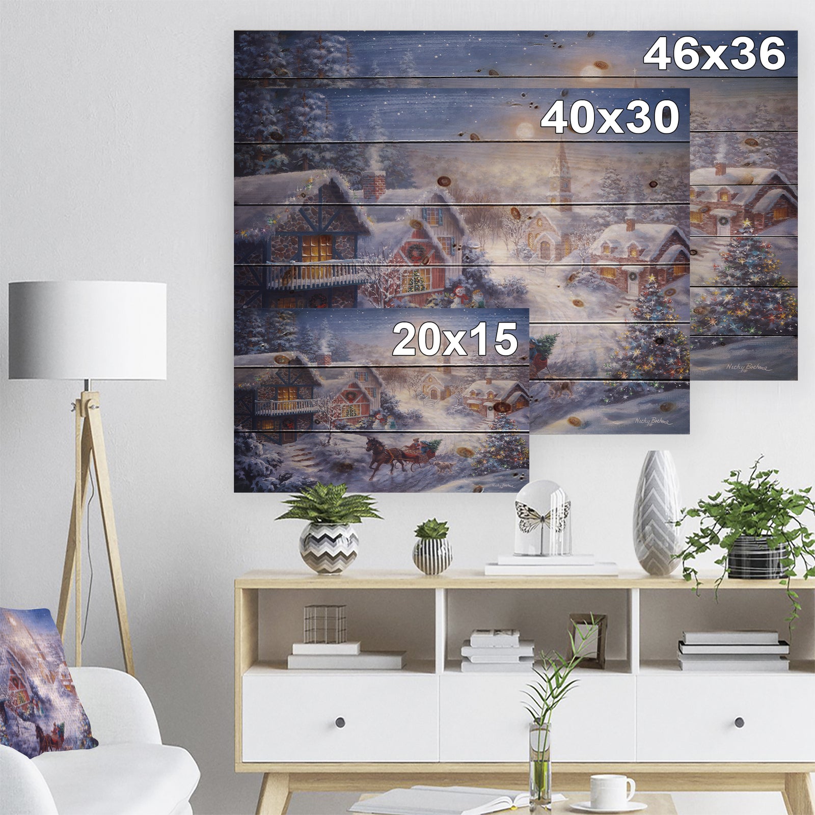 Full Moon Christmas Evening with open sleigh and church - Print on Natural Pine Wood