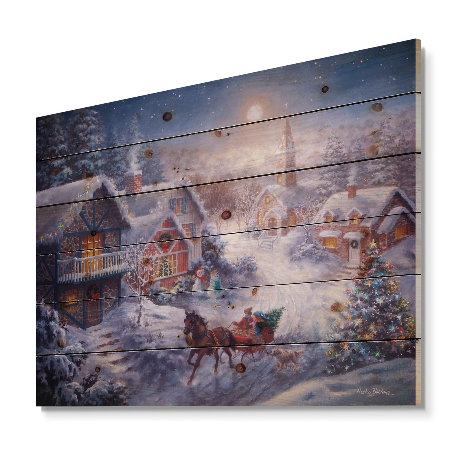 Full Moon Christmas Evening with open sleigh and church - Print on Natural Pine Wood