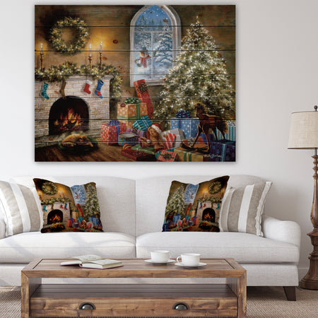 Christmas Eve with presents by fire place - Print on Natural Pine Wood