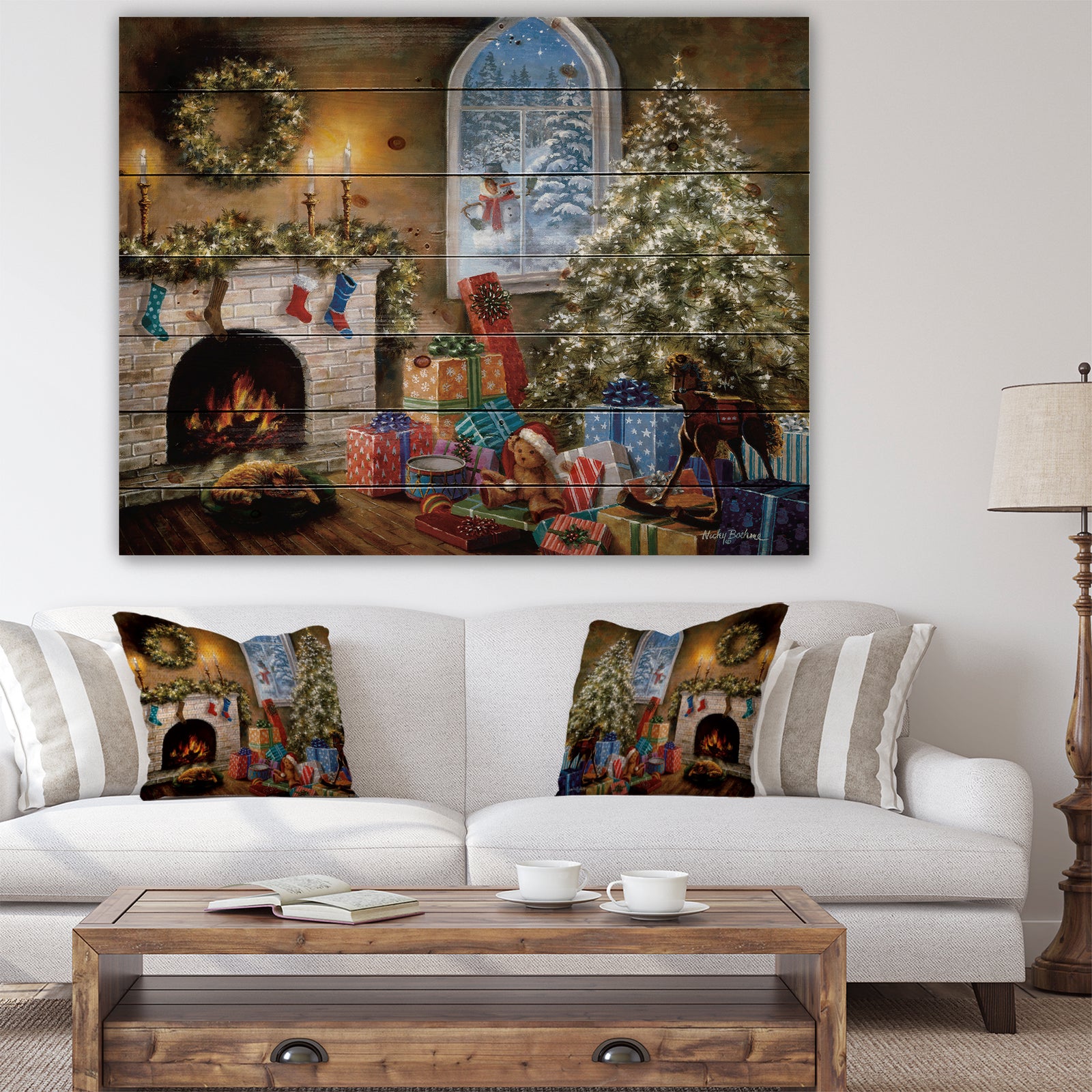 Christmas Eve with presents by fire place - Print on Natural Pine Wood
