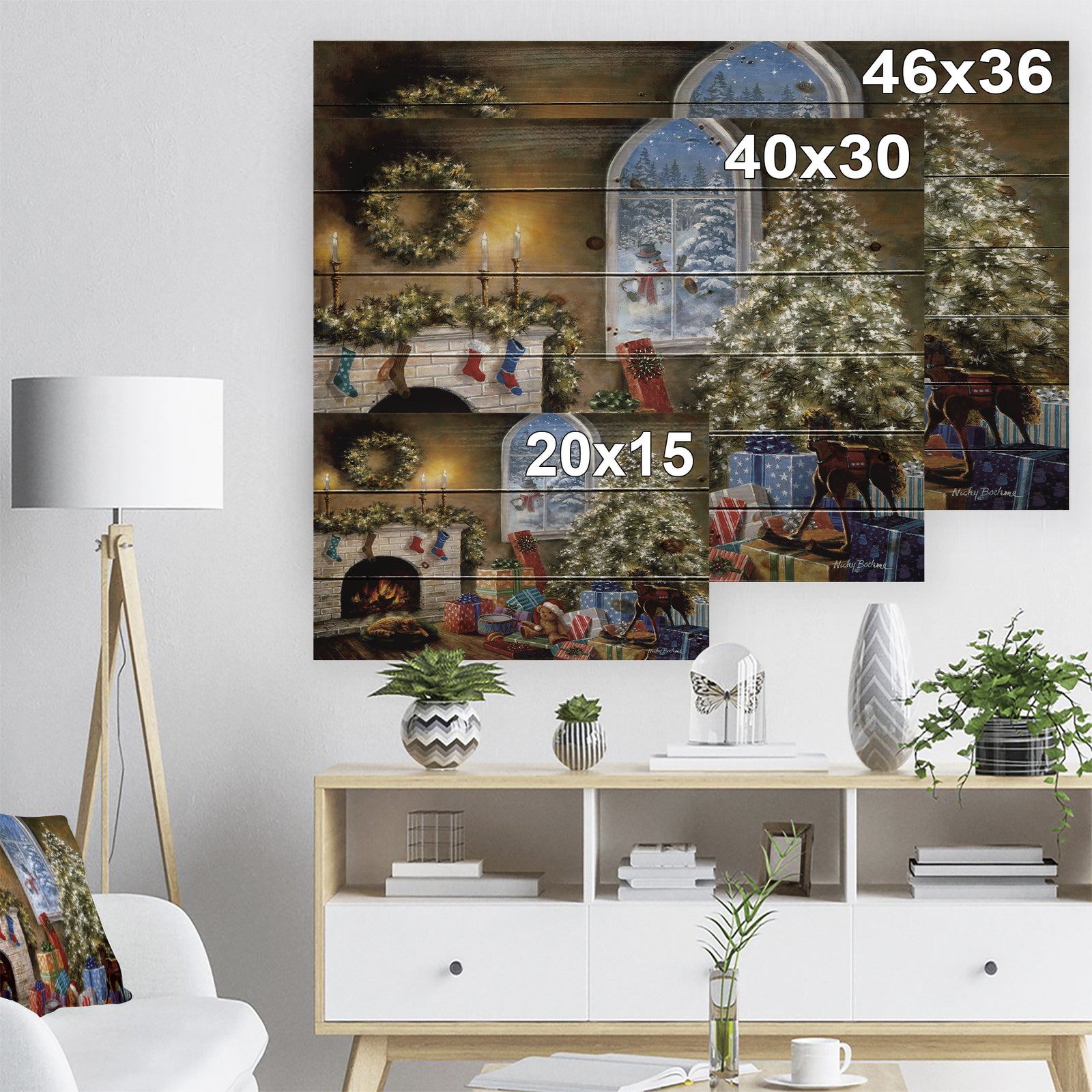Christmas Eve with presents by fire place - Print on Natural Pine Wood