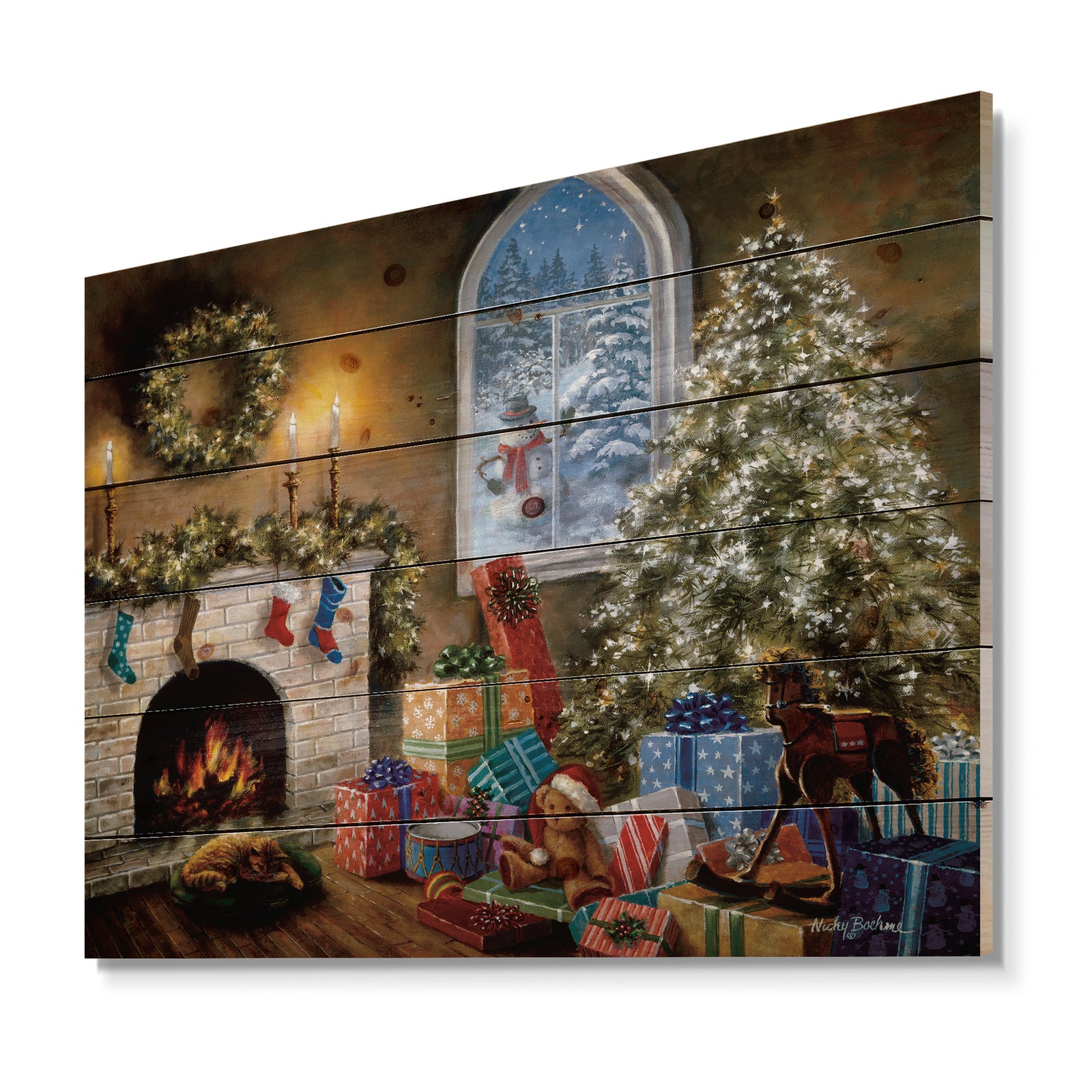 Christmas Eve with presents by fire place - Print on Natural Pine Wood