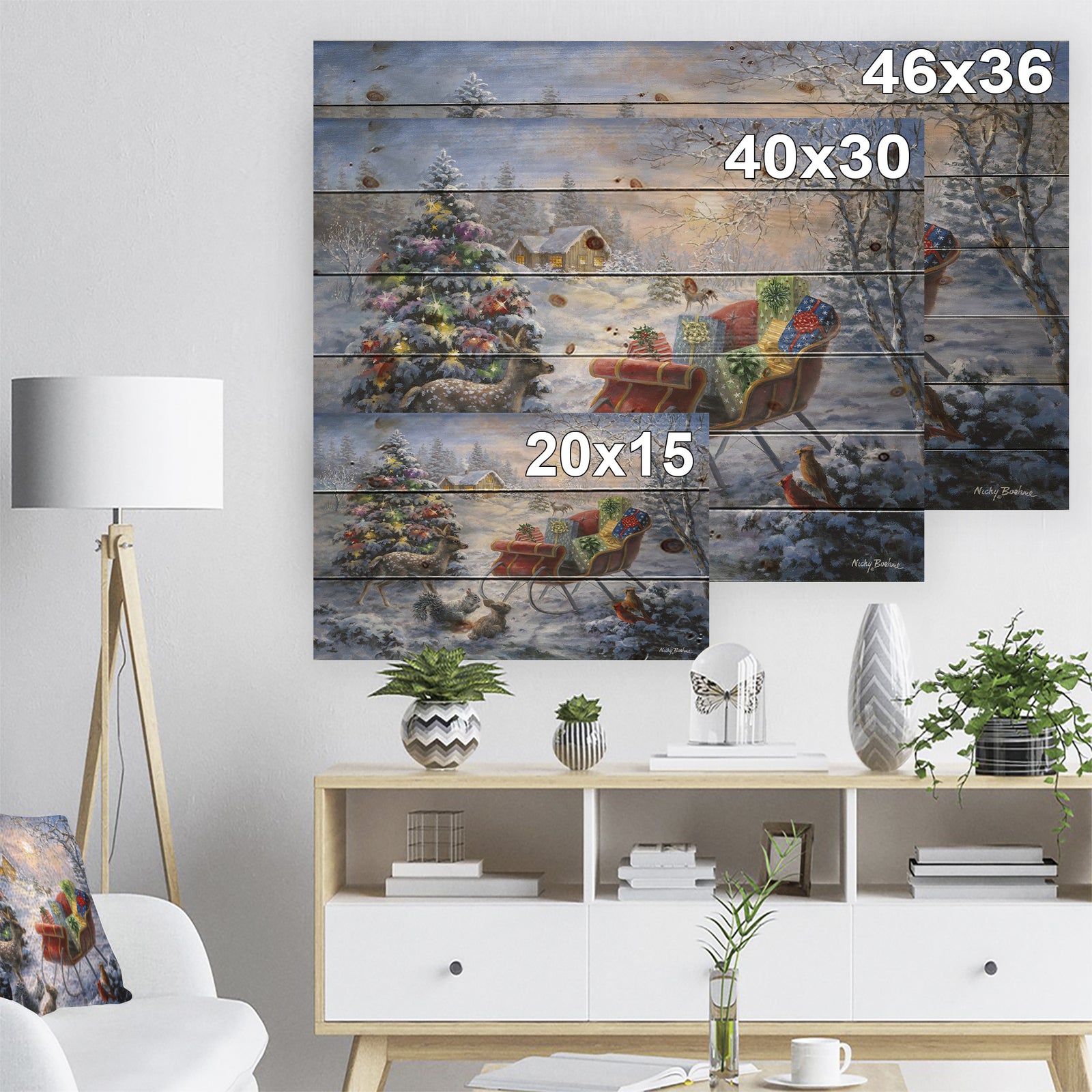 Christmas Tree Magic Winter scene with Presents in Sleigh - Print on Natural Pine Wood