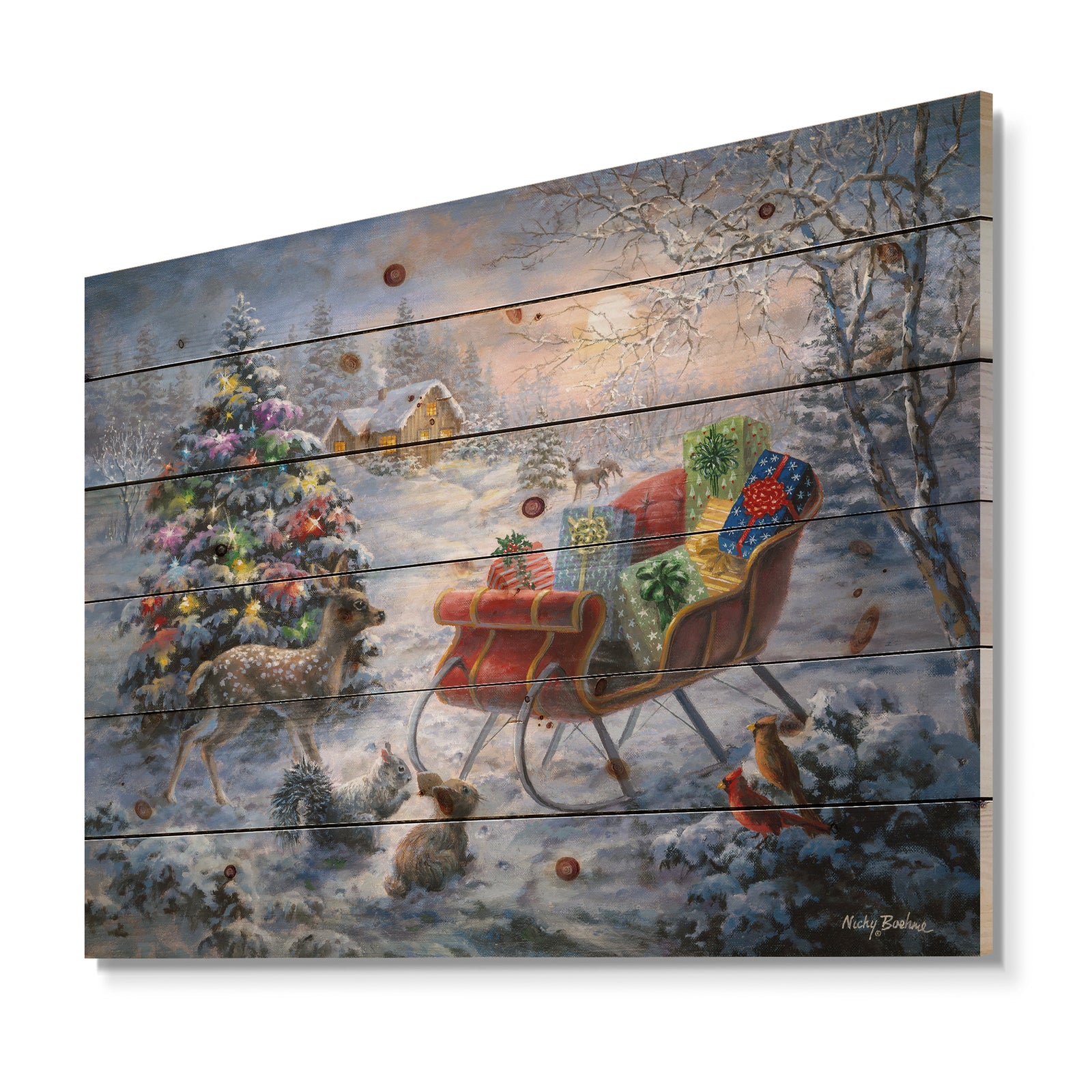 Christmas Tree Magic Winter scene with Presents in Sleigh - Print on Natural Pine Wood