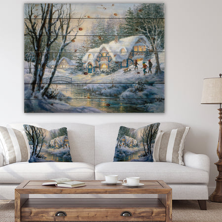 Christmas evening Winter Frolic - Print on Natural Pine Wood