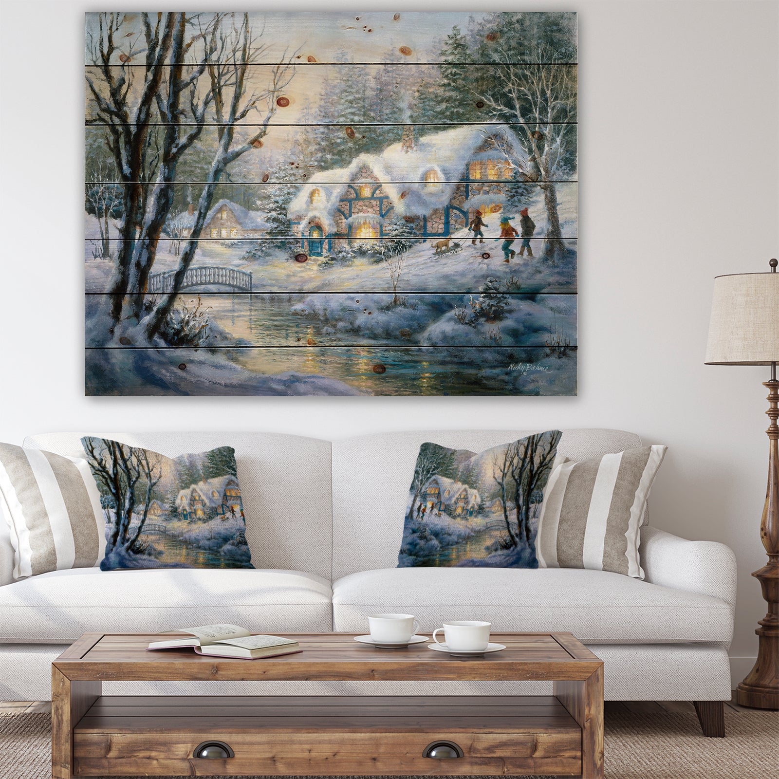 Christmas evening Winter Frolic - Print on Natural Pine Wood