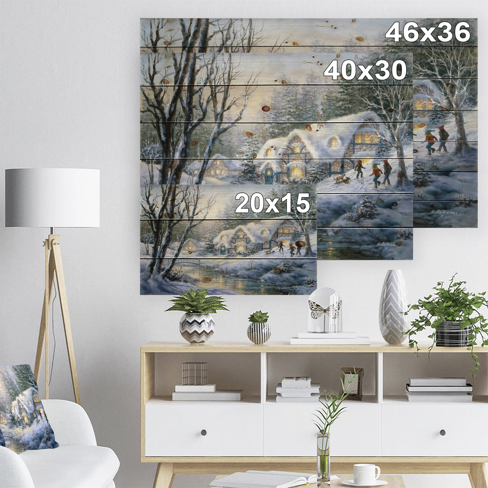 Christmas evening Winter Frolic - Print on Natural Pine Wood