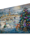 Christmas tree decorating sledding children - Print on Natural Pine Wood
