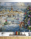 Christmas tree decorating sledding children - Print on Natural Pine Wood