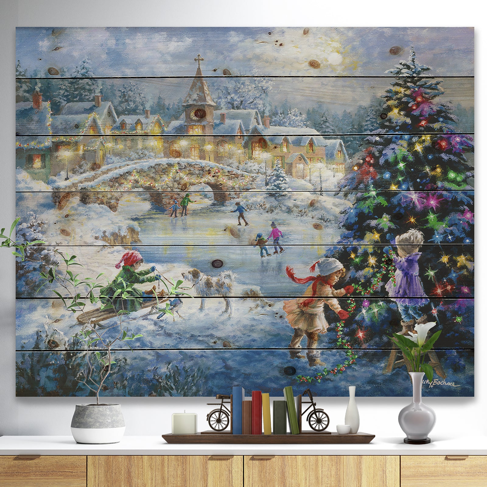 Christmas tree decorating sledding children - Print on Natural Pine Wood