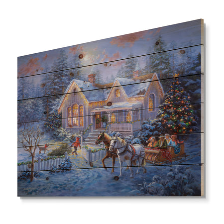 Christmas Eve Family coming home in sleigh - Print on Natural Pine Wood
