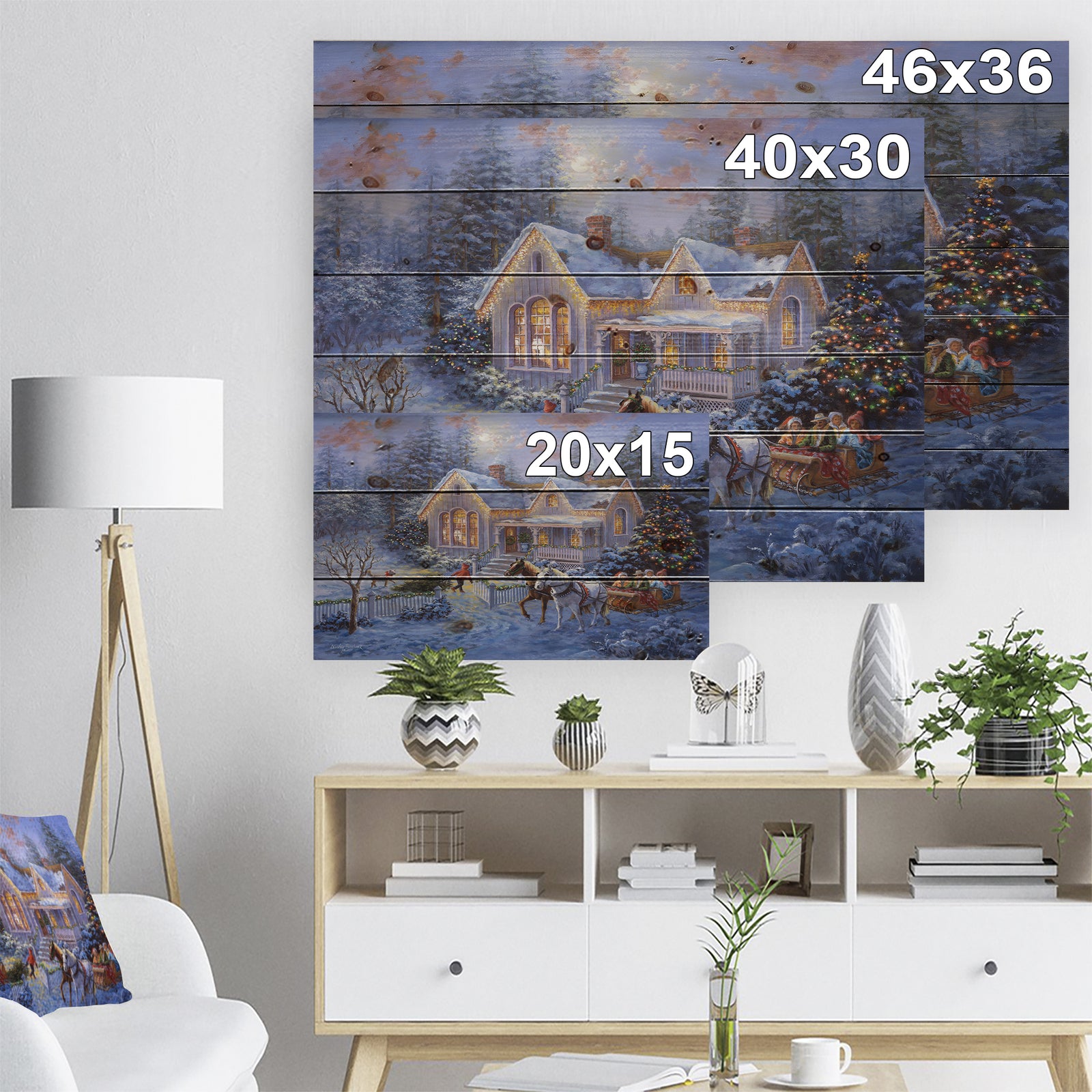 Christmas Eve Family coming home in sleigh - Print on Natural Pine Wood