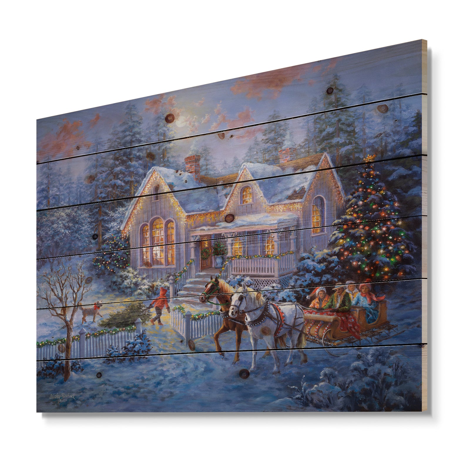 Christmas Eve Family coming home in sleigh - Print on Natural Pine Wood