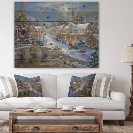 Christmas Paradise with church snow and open sleigh - Print on Natural Pine Wood