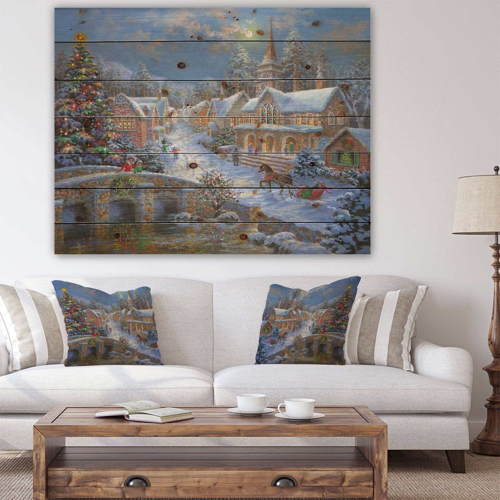 Christmas Paradise with church snow and open sleigh - Print on Natural Pine Wood