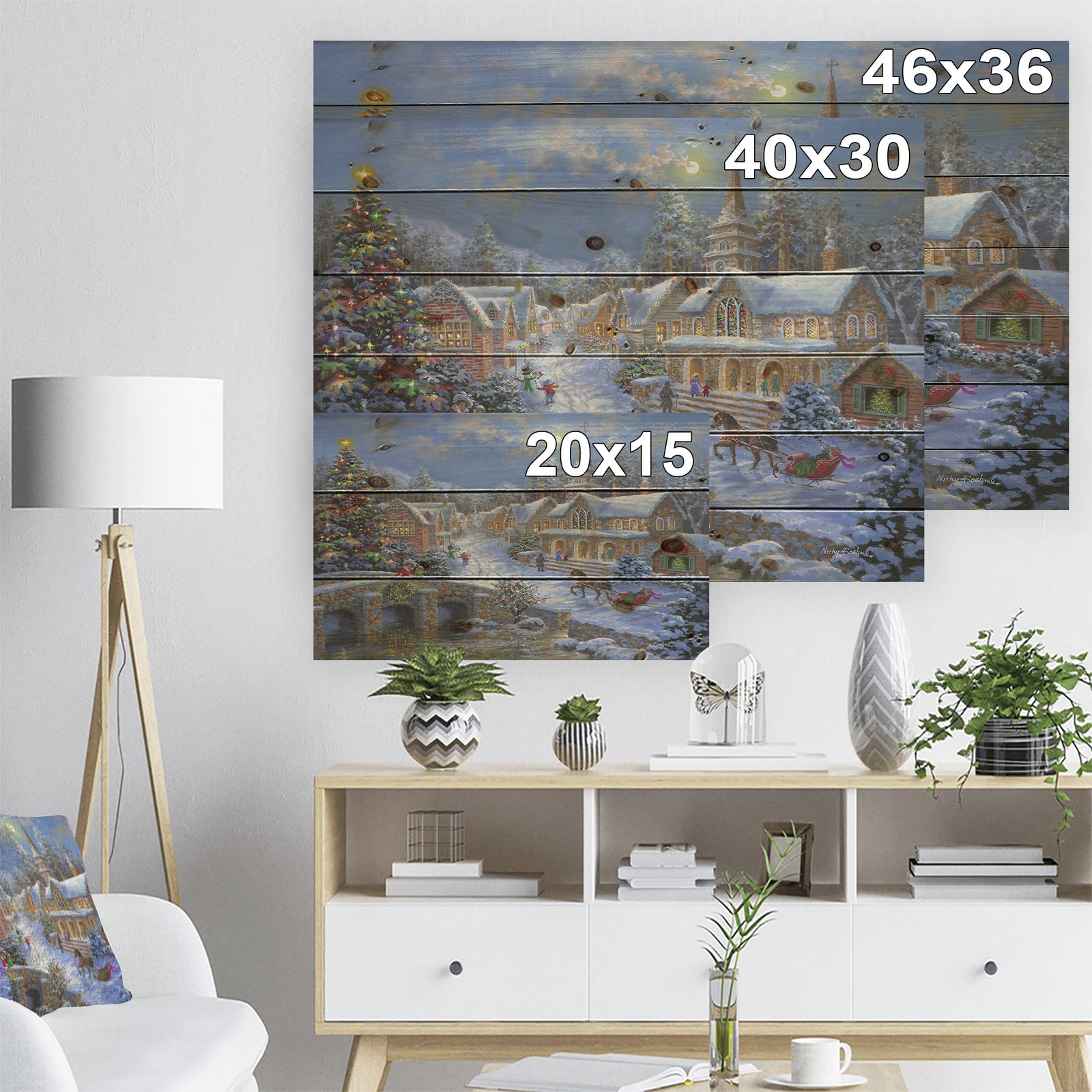 Christmas Paradise with church snow and open sleigh - Print on Natural Pine Wood