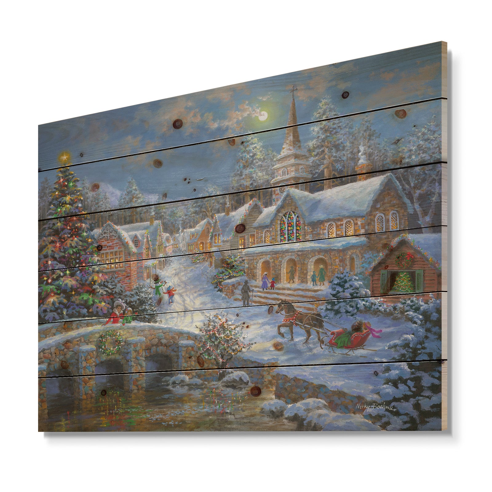 Christmas Paradise with church snow and open sleigh - Print on Natural Pine Wood